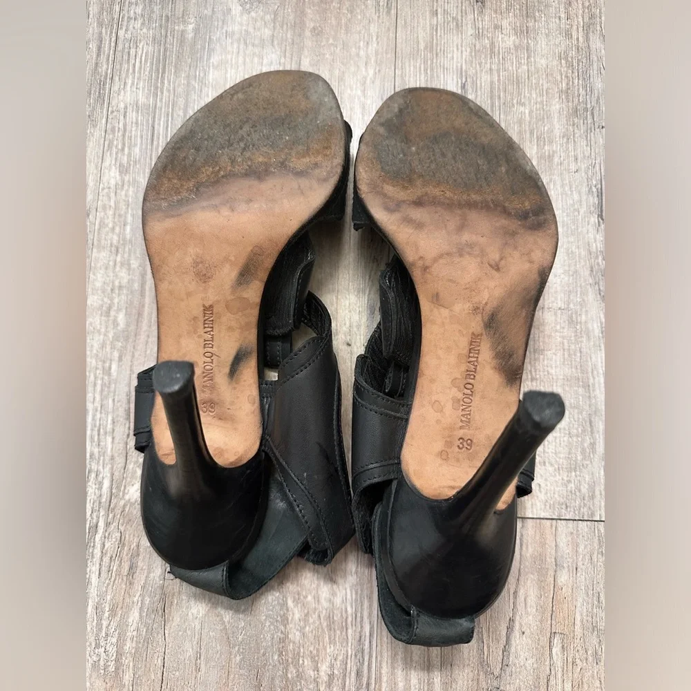 Manolo Blahnik Black Leather Buckle Sandals Brass Medallion Vintage Heels
